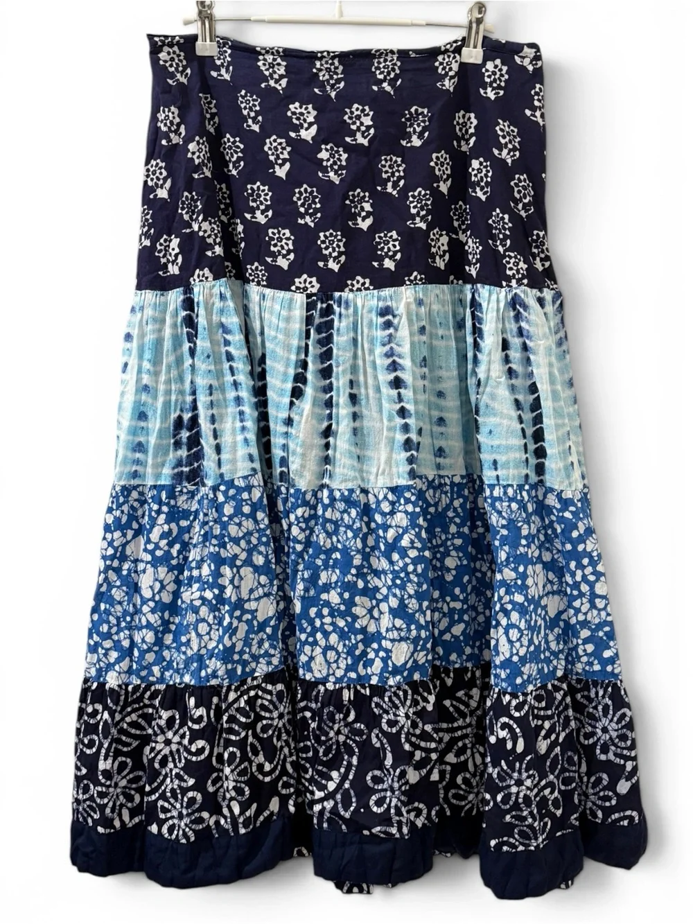 Blue Patchwork Floral Block Print Shibori Tie Dye Midi Skirt L - Picture 7 of 7